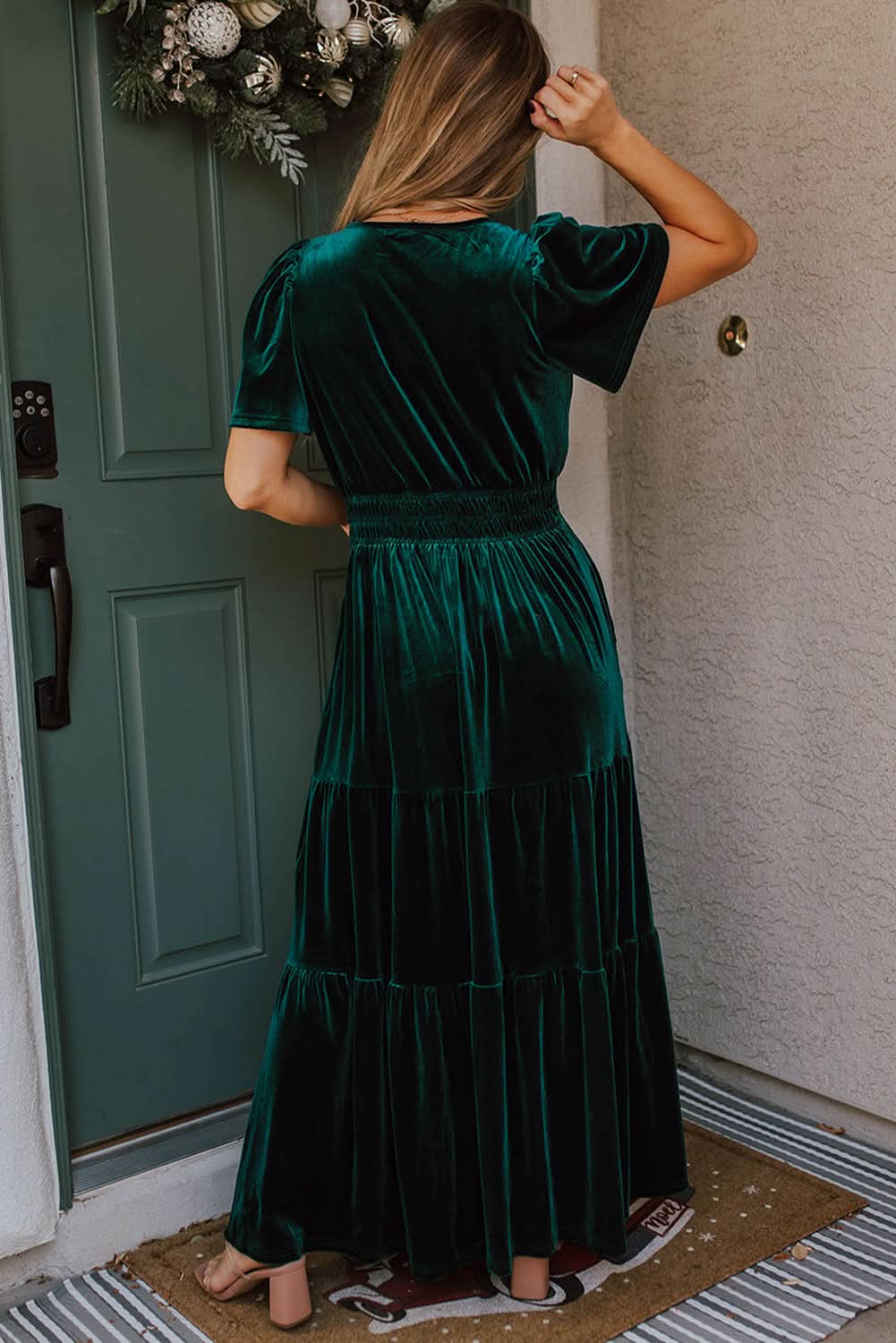 Evergreen velvet tiered maxi dress - Love Salve 