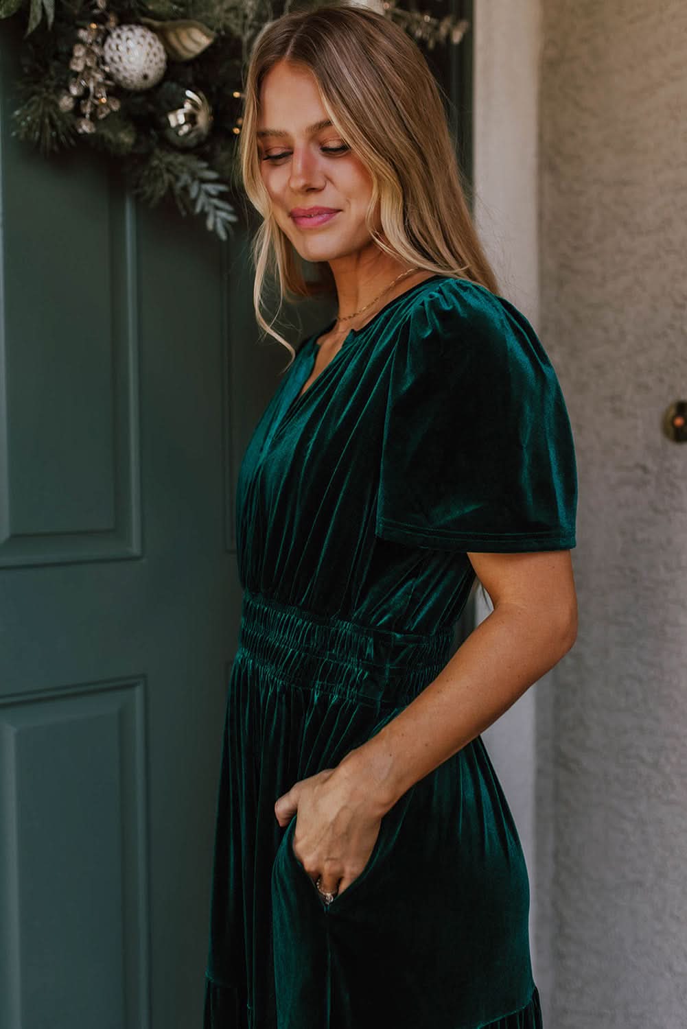 Evergreen velvet tiered maxi dress - Love Salve 
