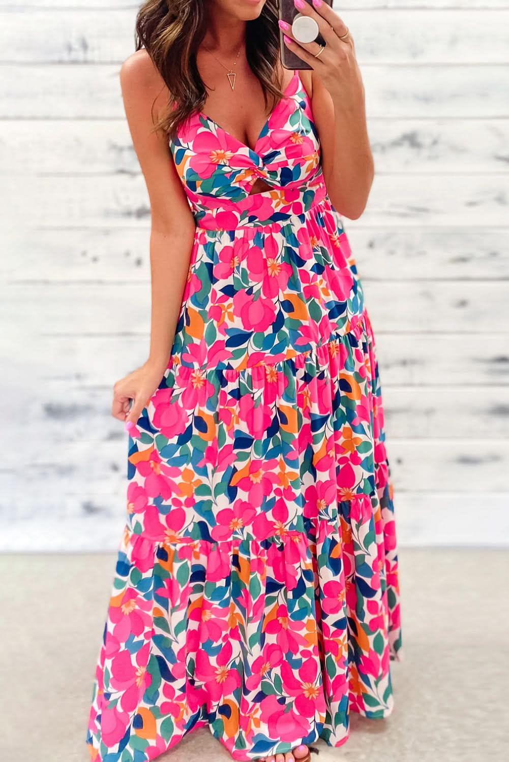Rose Floral Twisted Smocked Back Tiered Maxi Dress - Love Salve 