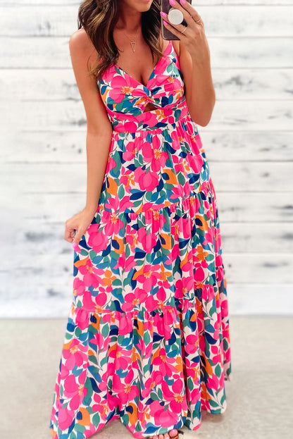 Rose Floral Twisted Smocked Back Tiered Maxi Dress - Love Salve 