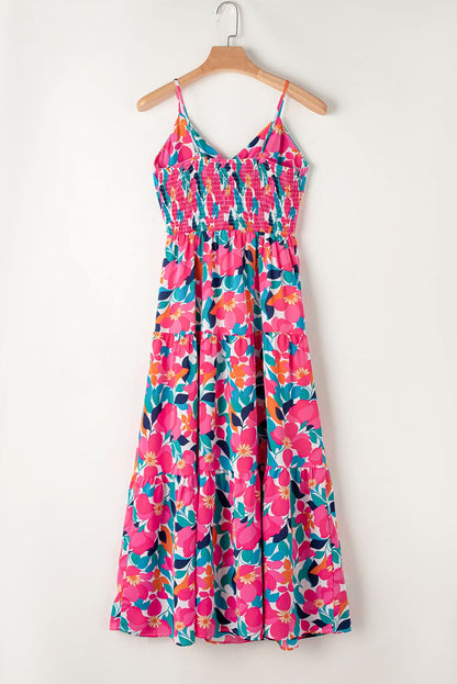 Rose Floral Twisted Smocked Back Tiered Maxi Dress - Love Salve 