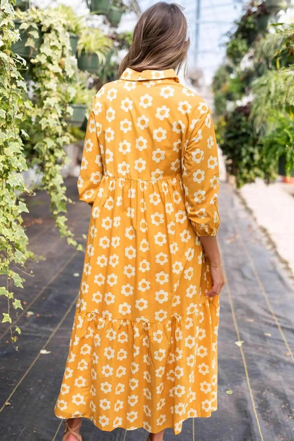 Floral Collared Maxi Dress - Yellow - Love Salve 