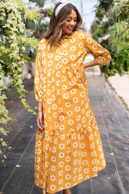 Floral Collared Maxi Dress - Yellow - Love Salve 