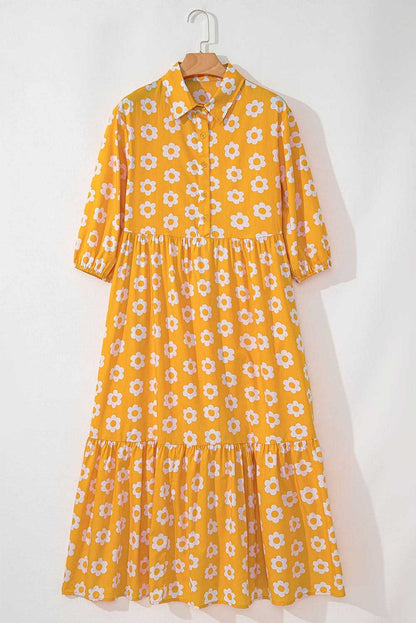 Floral Collared Maxi Dress - Yellow - Love Salve 