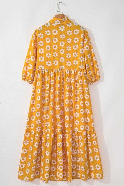 Floral Collared Maxi Dress - Yellow - Love Salve 