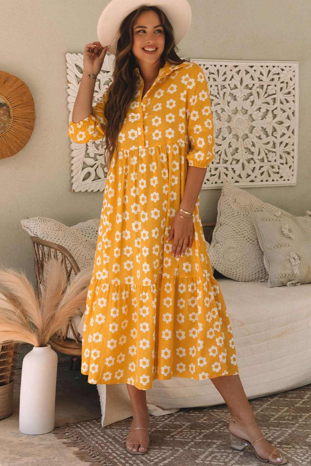 Floral Collared Maxi Dress - Yellow - Love Salve 