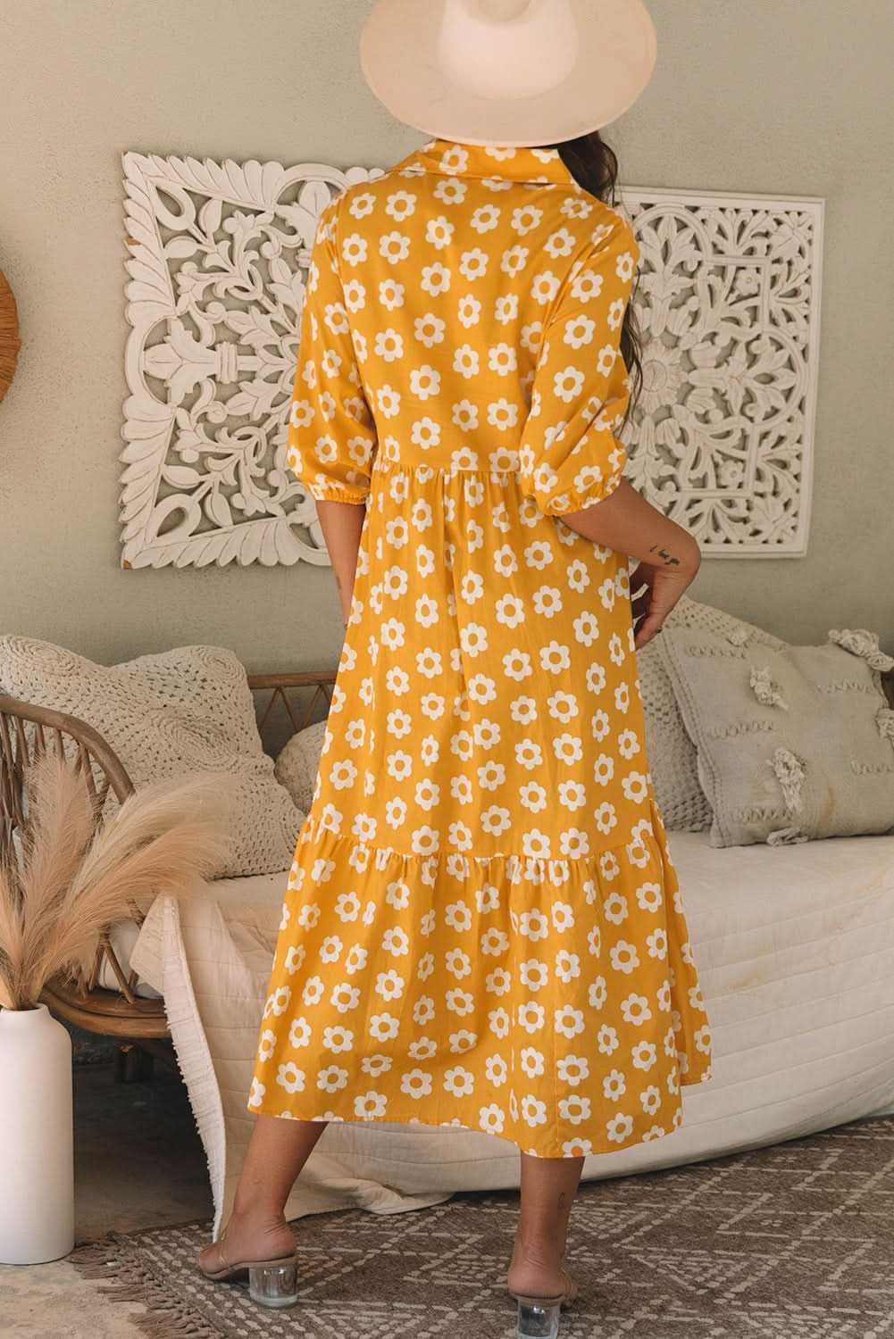 Floral Collared Maxi Dress - Yellow - Love Salve 