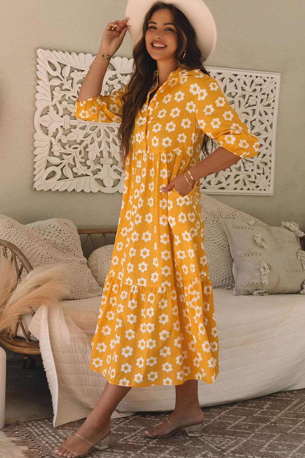 Floral Collared Maxi Dress - Yellow - Love Salve 