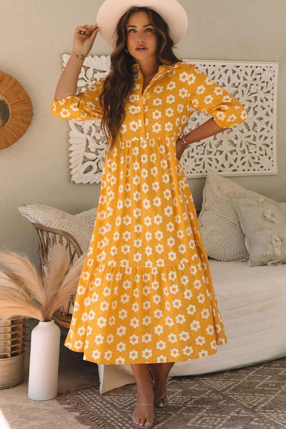 Floral Collared Maxi Dress - Yellow - Love Salve 