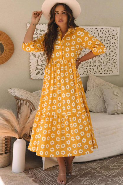 Floral Collared Maxi Dress - Yellow - Love Salve 