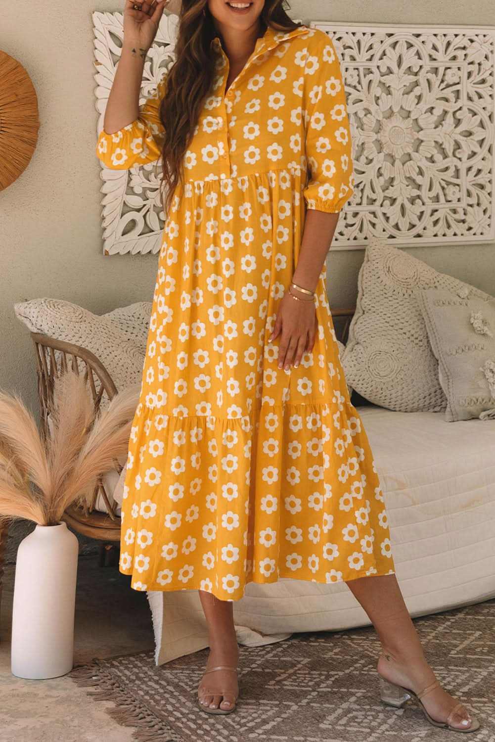 Floral Collared Maxi Dress - Yellow - Love Salve 