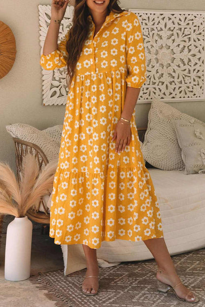 Floral Collared Maxi Dress - Yellow - Love Salve 