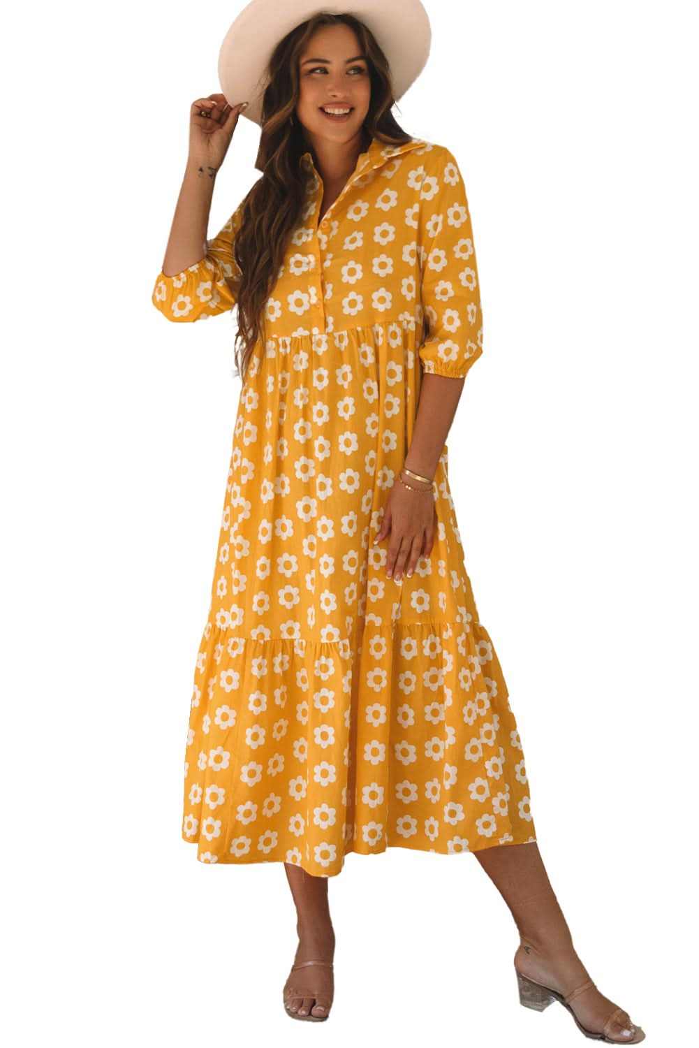 Floral Collared Maxi Dress - Yellow - Love Salve 