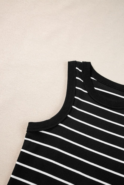 Black Stripe Ribbed Knit Tank Mini Dress - Love Salve 