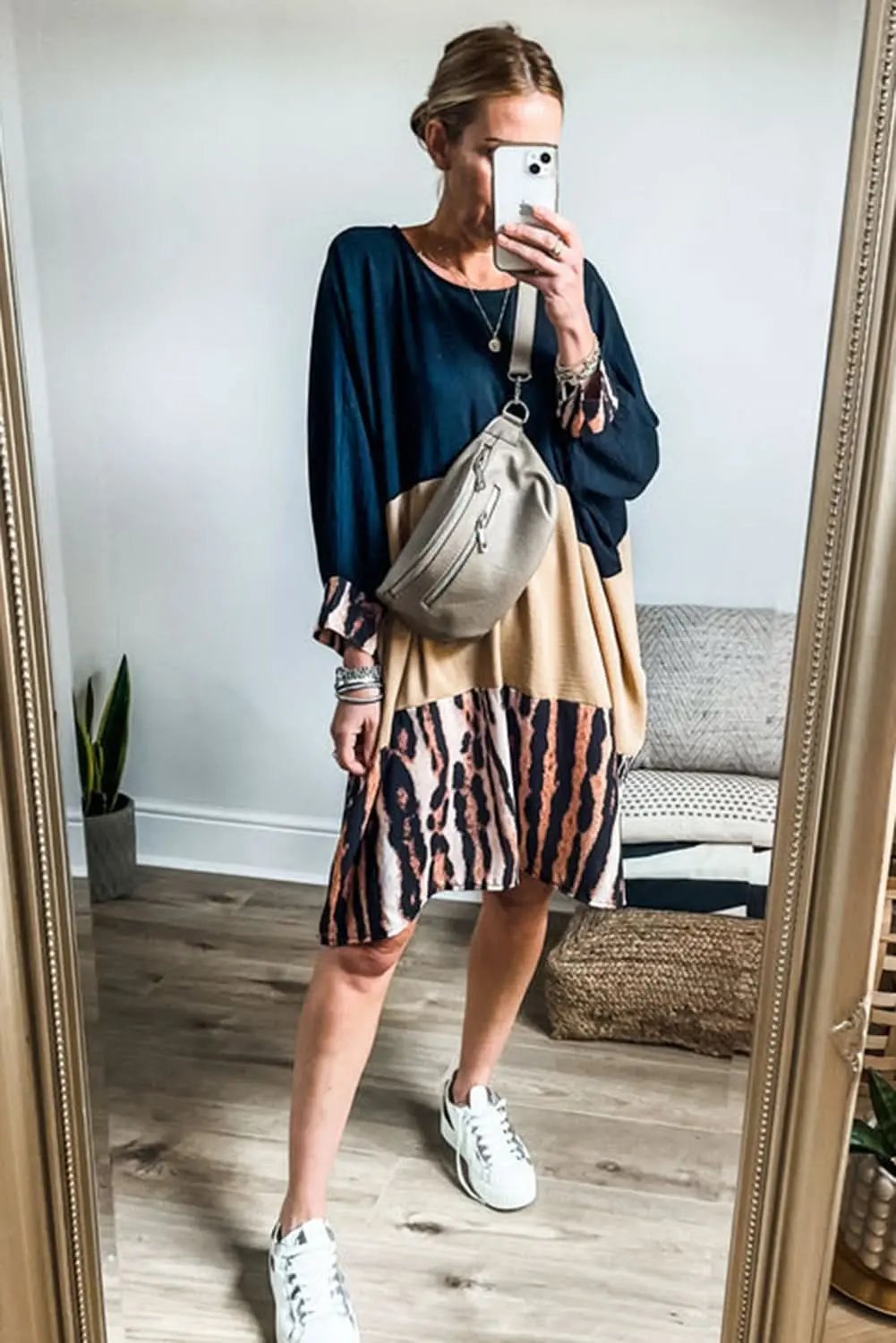 Khaki Printed Tiger Stripe Colorblock Bishop Sleeve Mini Dress - Love Salve 