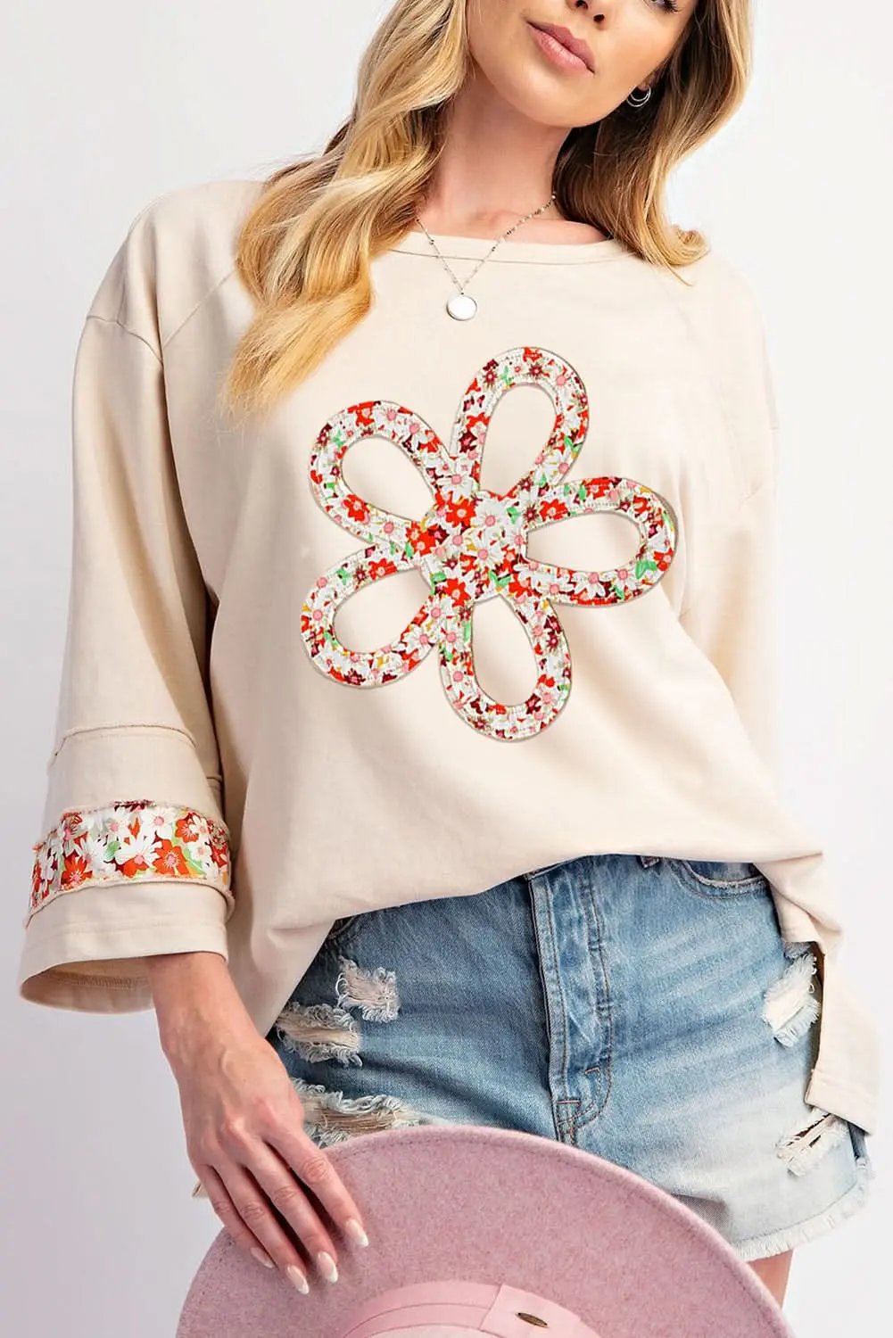 Beige floral wide sleeve top - Love Salve 