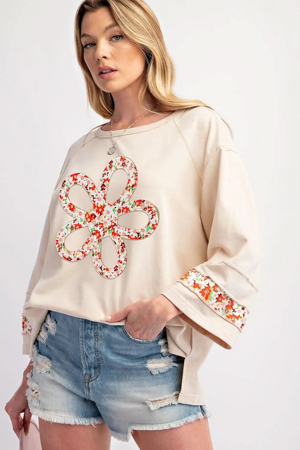Beige floral wide sleeve top - Love Salve 