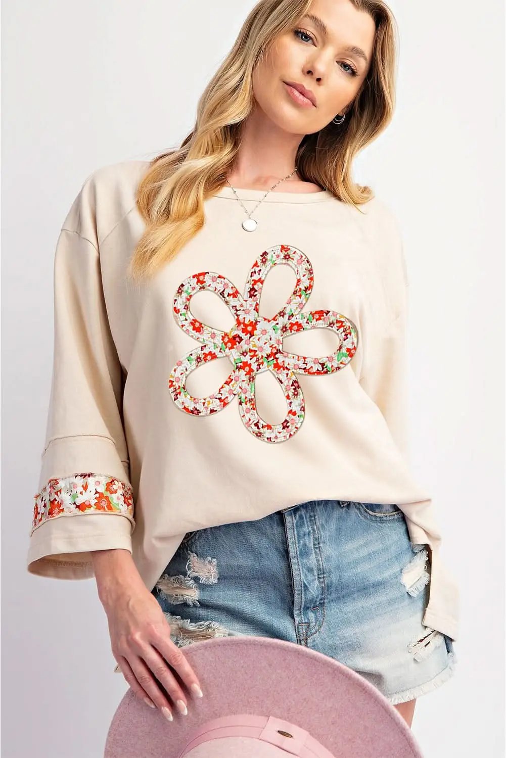 Beige floral wide sleeve top - Love Salve 