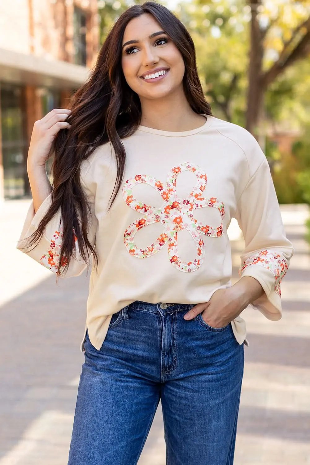 Beige floral wide sleeve top - Love Salve 