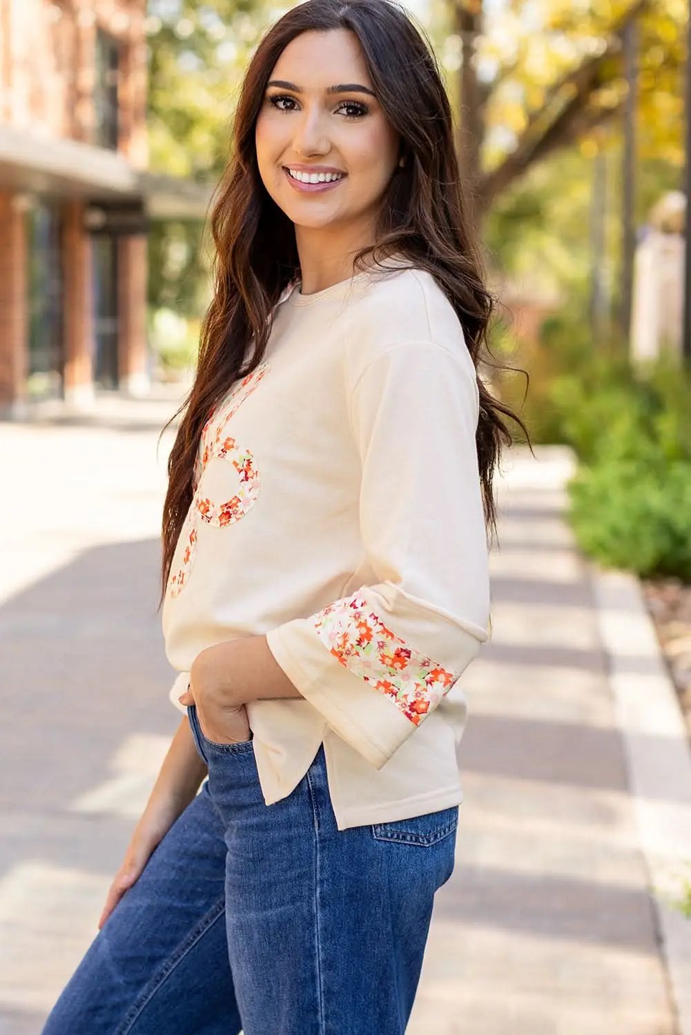 Beige floral wide sleeve top - Love Salve 