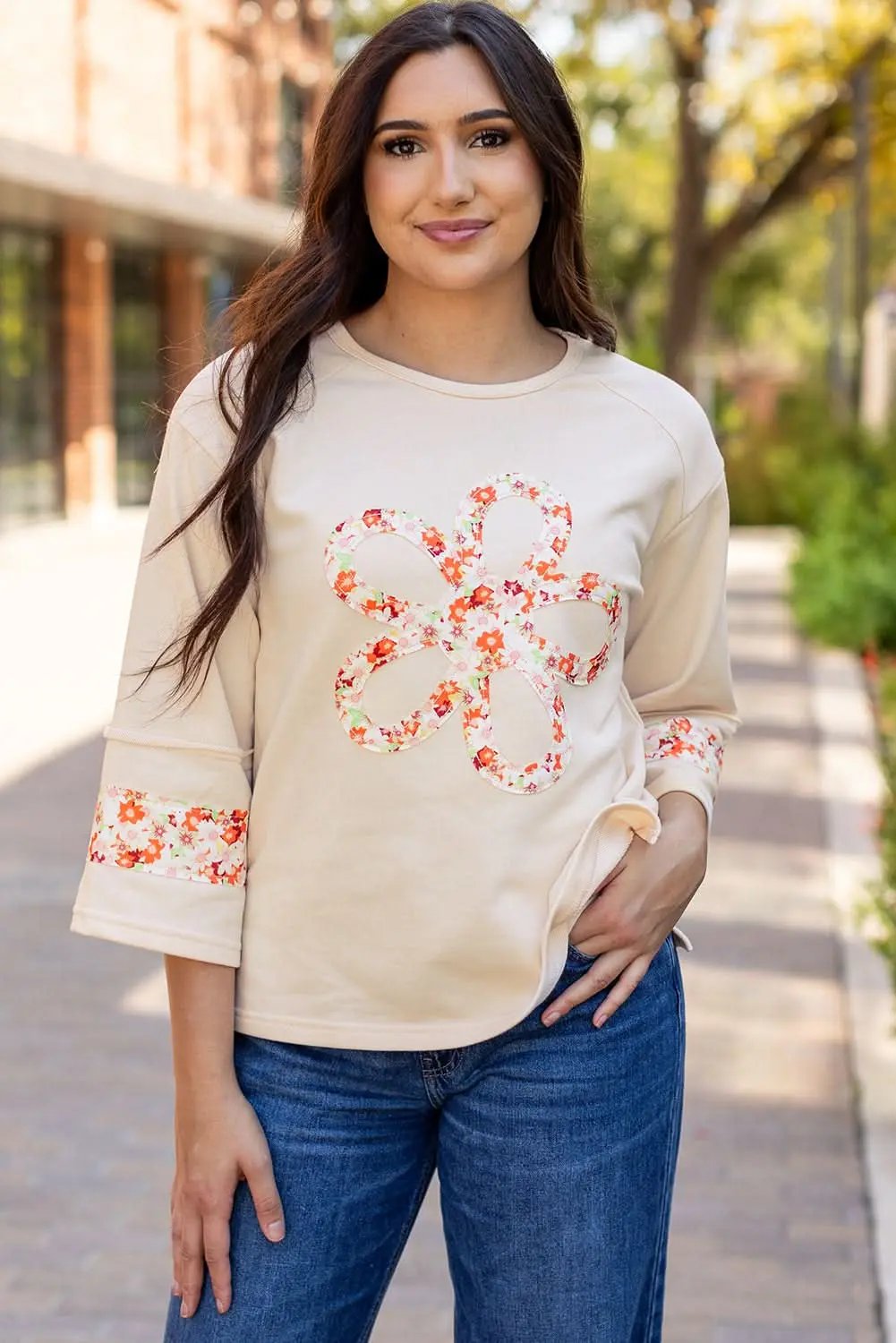 Beige floral wide sleeve top - Love Salve 