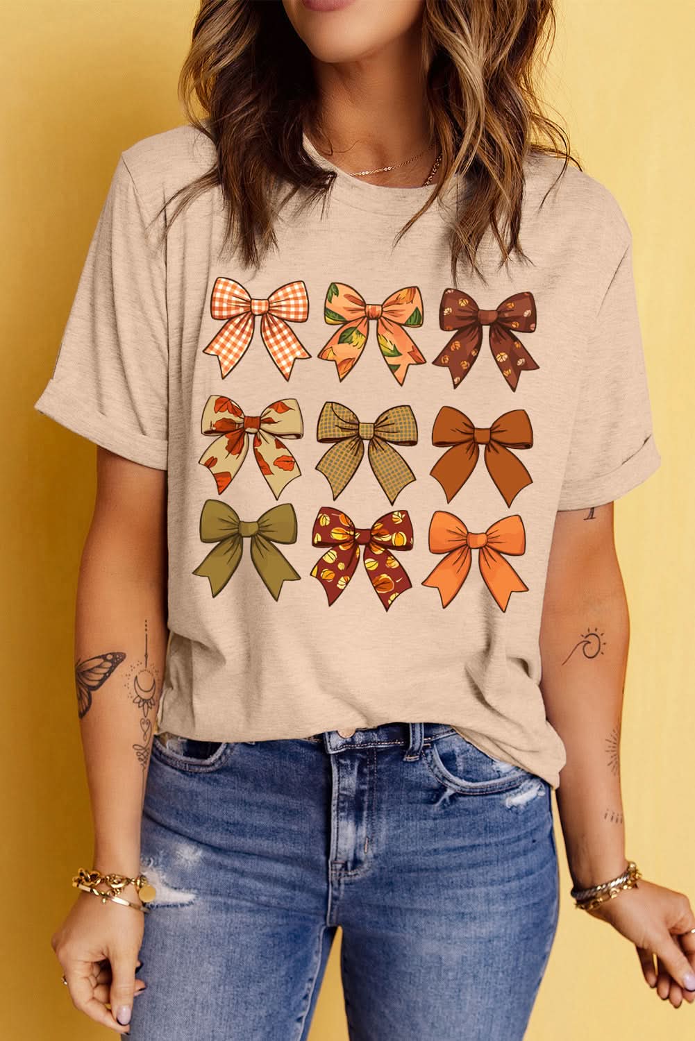 Khaki graphic bowknot top for fall - Love Salve 