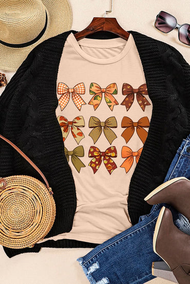 Khaki graphic bowknot top for fall - Love Salve 