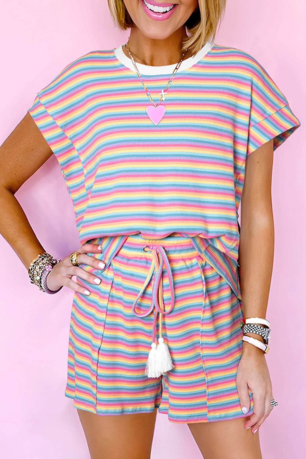 Chic pink striped tee & tassel shorts set - Love Salve 