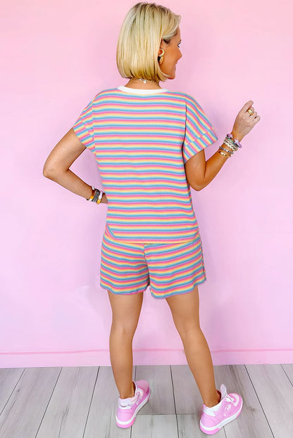 Chic pink striped tee & tassel shorts set - Love Salve 