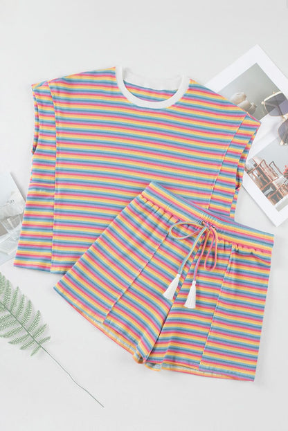 Chic pink striped tee & tassel shorts set - Love Salve 