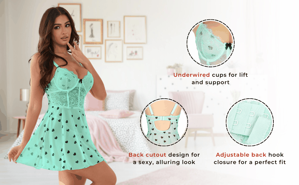 Love Salve Lingerie Heart Printed Lace Mesh Push up Night Dress - Love Salve 