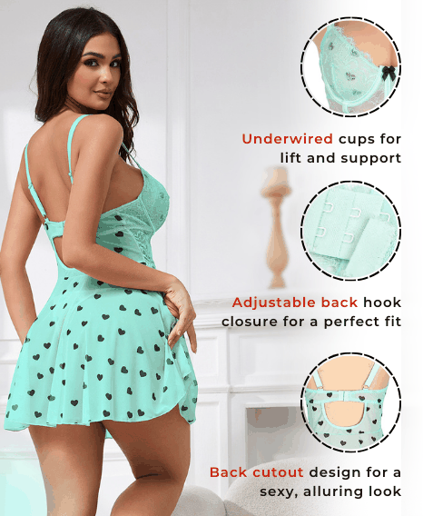 Love Salve Lingerie Heart Printed Lace Mesh Push up Night Dress - Love Salve 