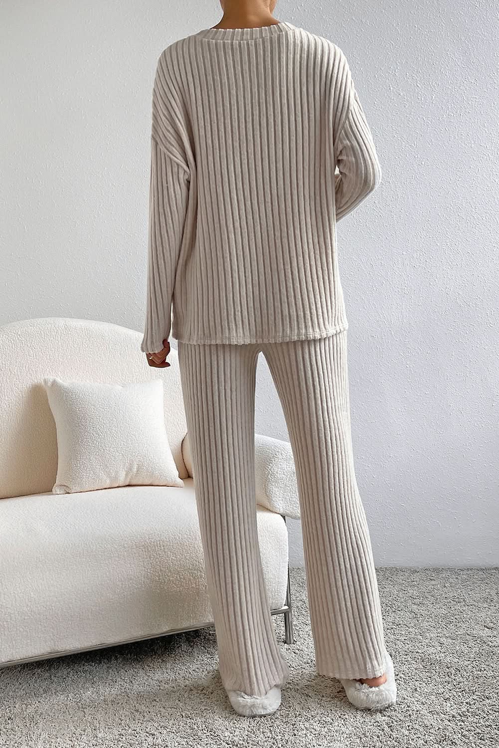 Chic khaki ribbed knit two-piece set 