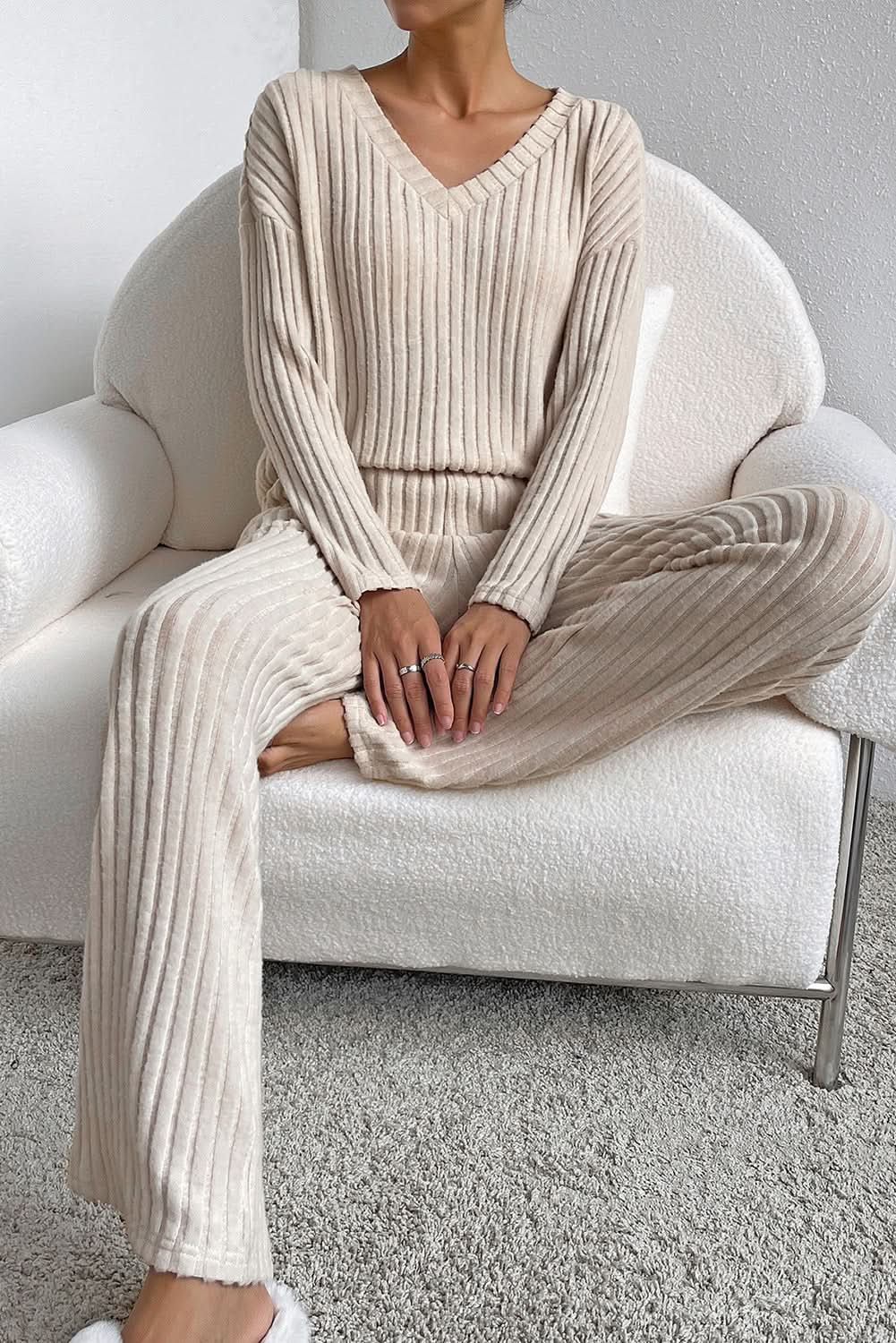 Chic khaki ribbed knit two-piece set - Love Salve 