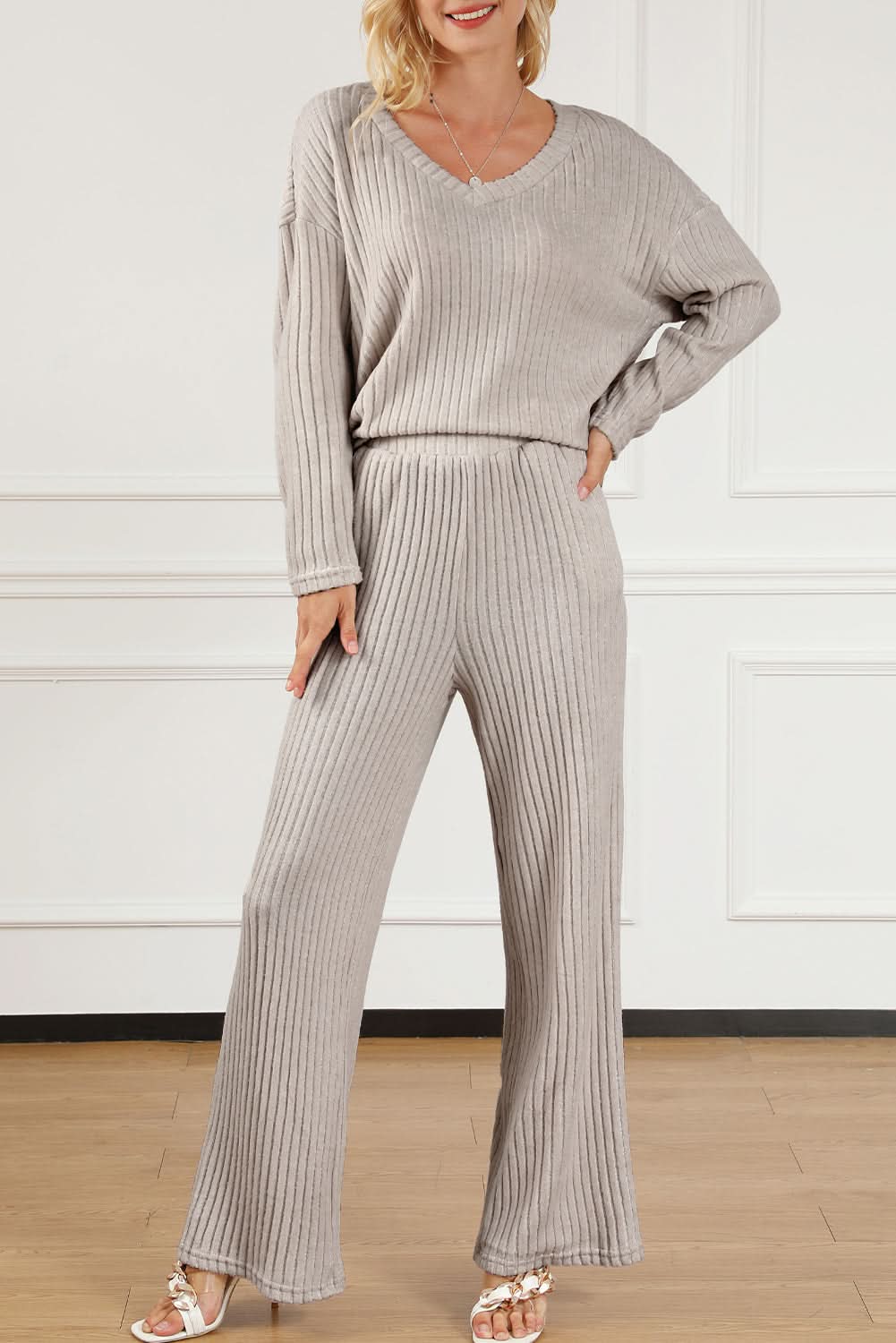 Chic khaki ribbed knit two-piece set - Love Salve 