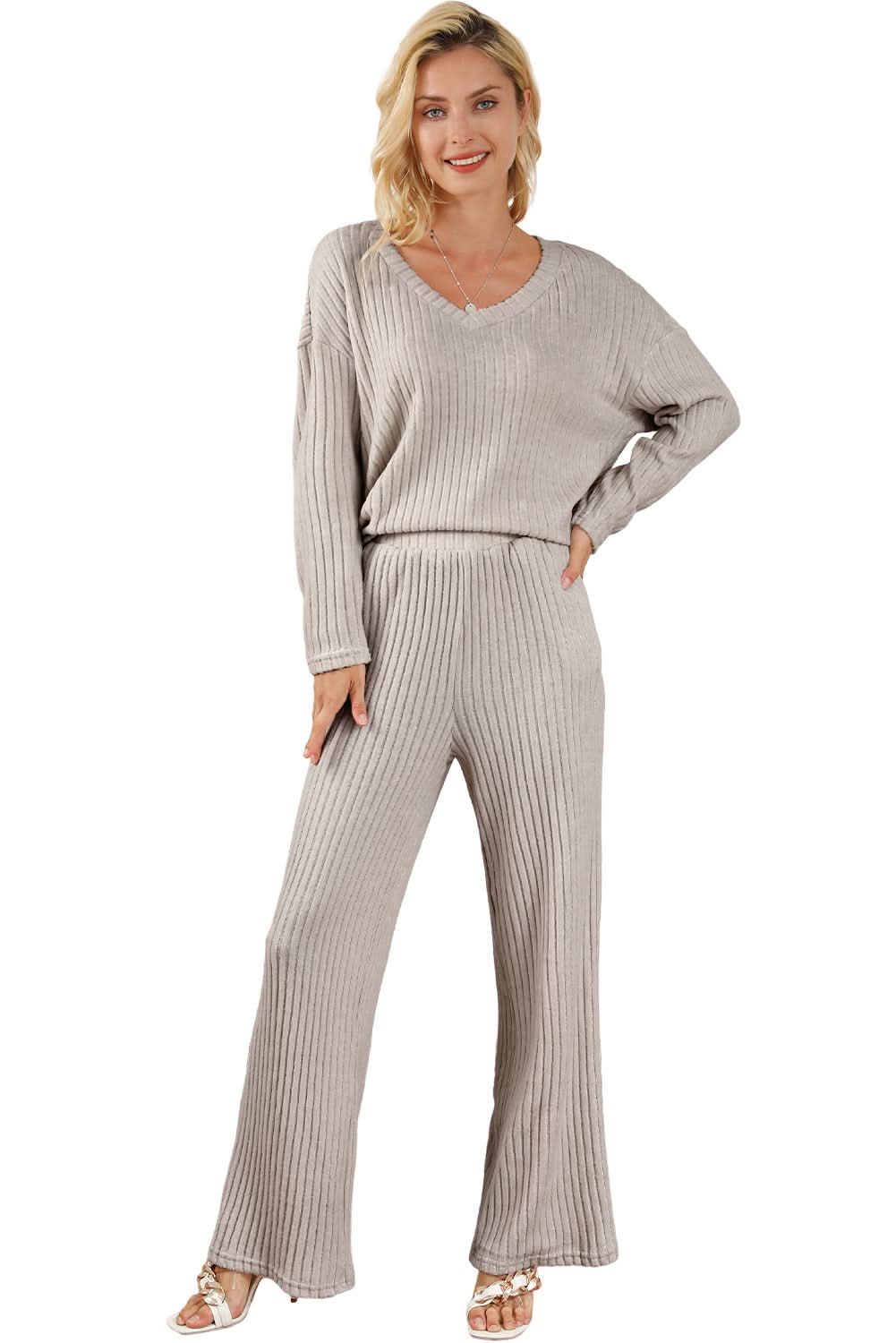 Chic khaki ribbed knit two-piece set - Love Salve 