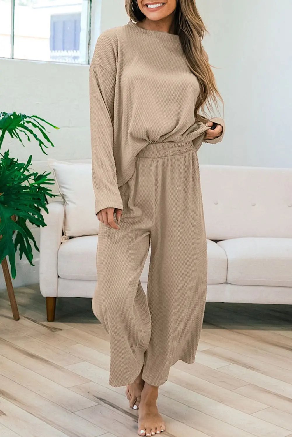 Smoke Gray Loose Textured Pullover and Pants Outfit - Love Salve 