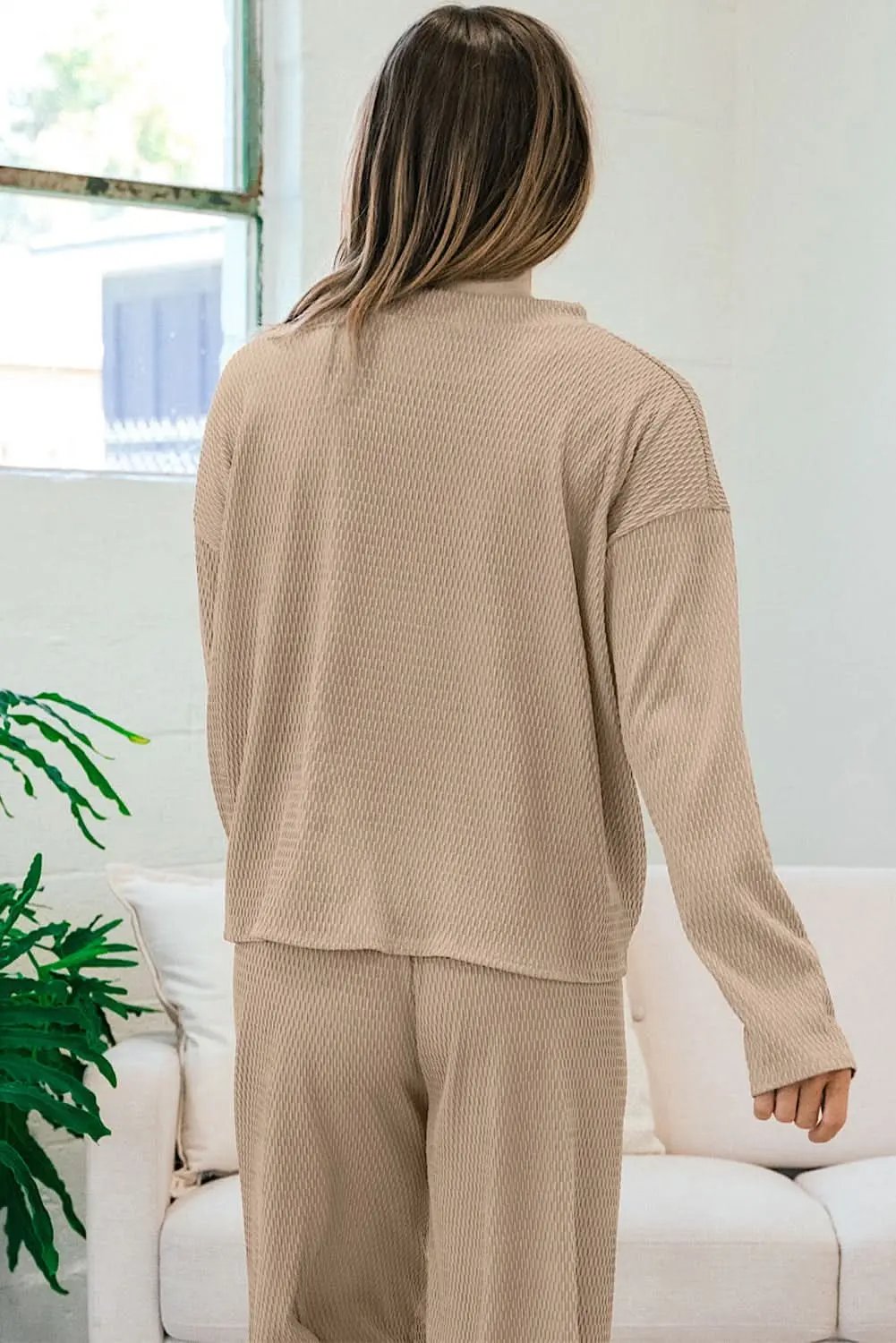 Smoke Gray Loose Textured Pullover and Pants Outfit - Love Salve 