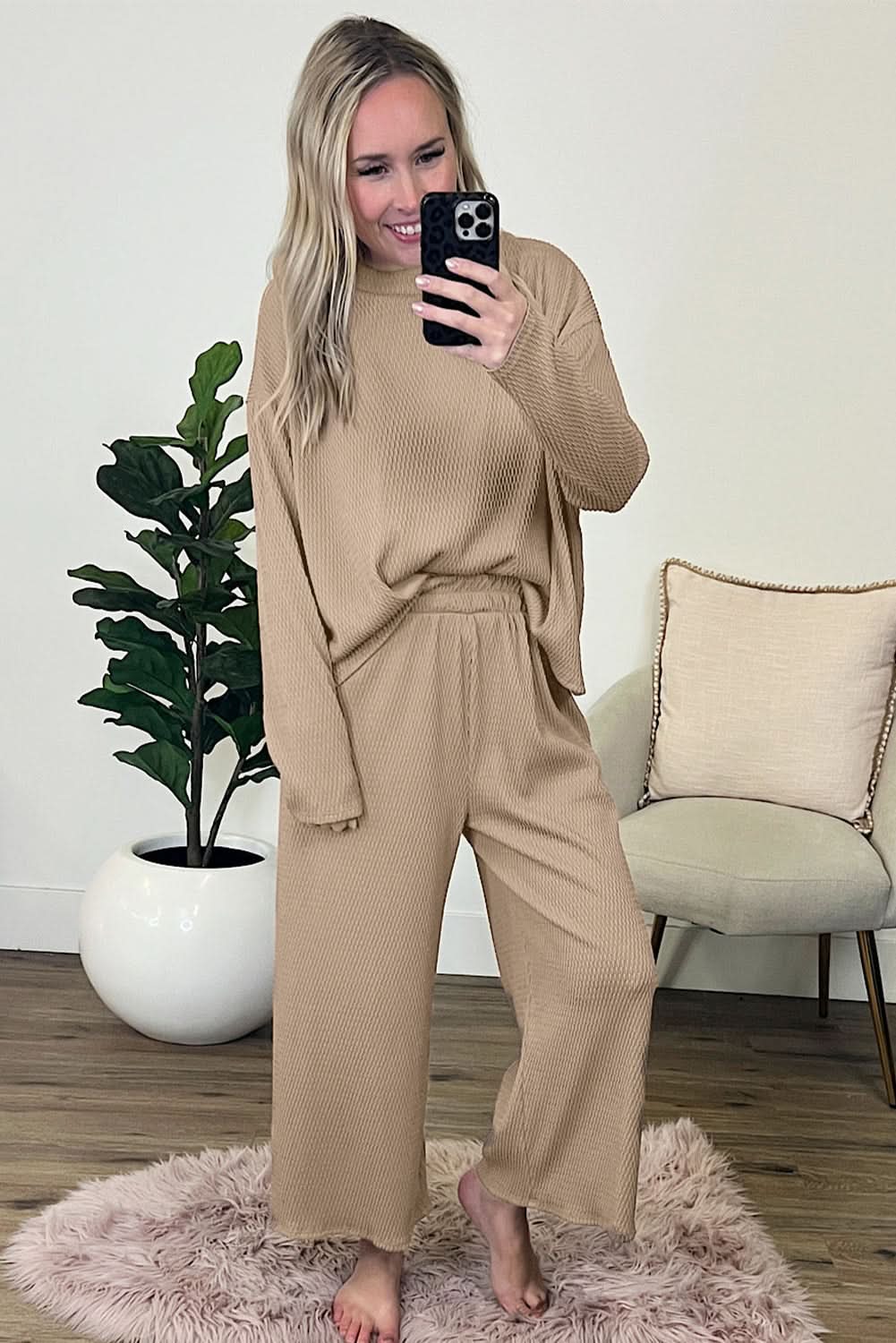 Smoke Gray Loose Textured Pullover and Pants Outfit - Love Salve 