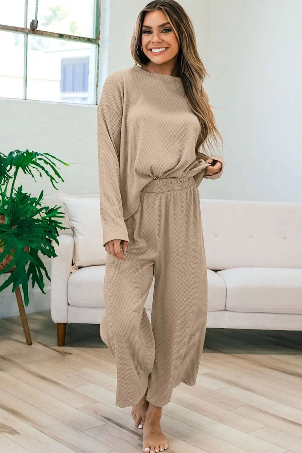 Smoke Gray Loose Textured Pullover and Pants Outfit - Love Salve 