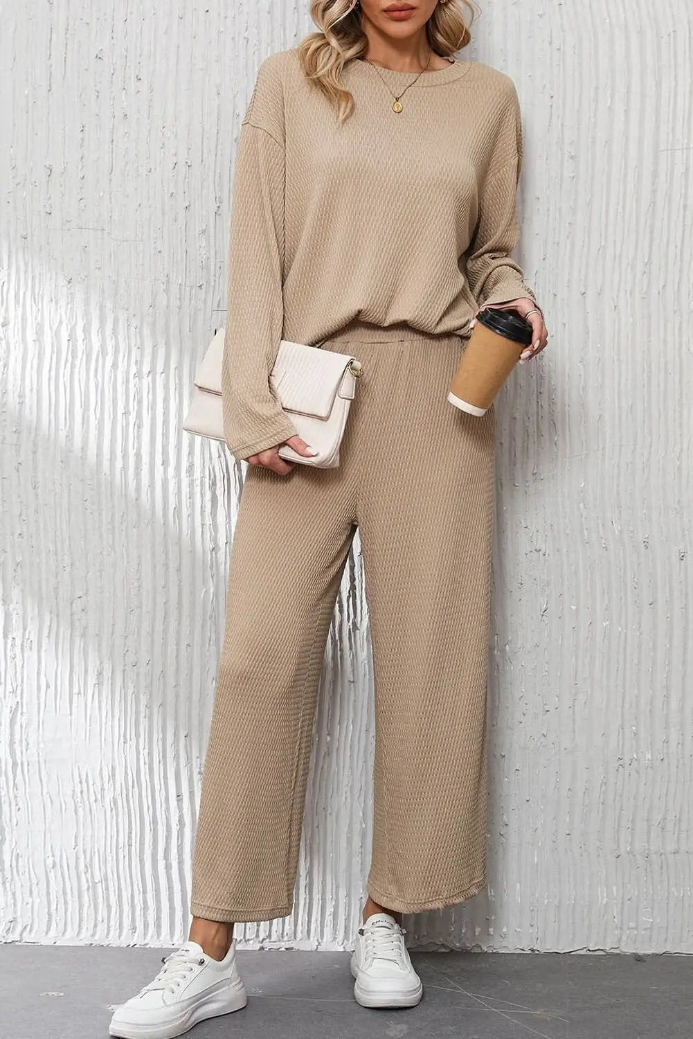 Smoke Gray Loose Textured Pullover and Pants Outfit - Love Salve 