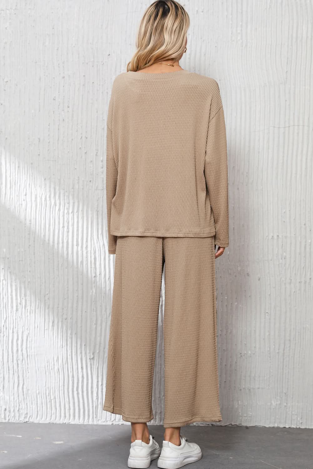 Smoke Gray Loose Textured Pullover and Pants Outfit - Love Salve 