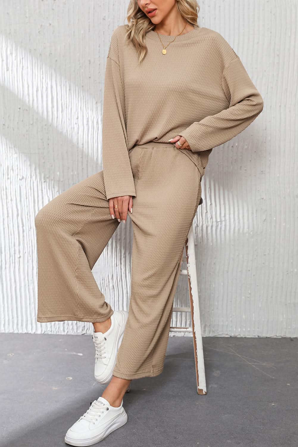 Smoke Gray Loose Textured Pullover and Pants Outfit - Love Salve 