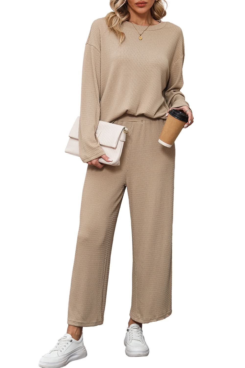 Smoke Gray Loose Textured Pullover and Pants Outfit - Love Salve 