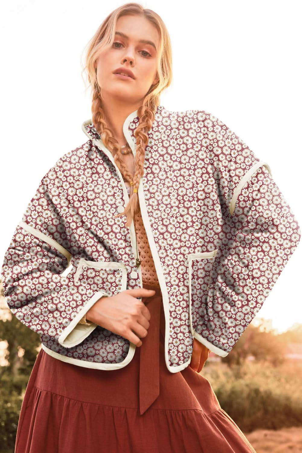 Chic pink floral coat with pockets - Love Salve 