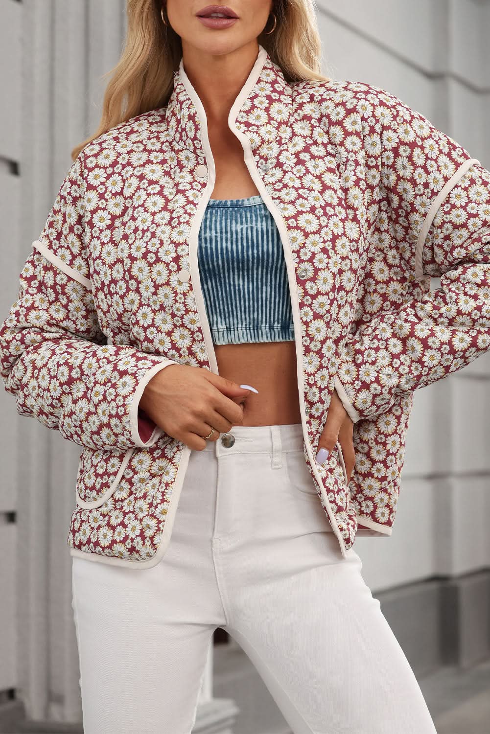 Chic pink floral coat with pockets - Love Salve 