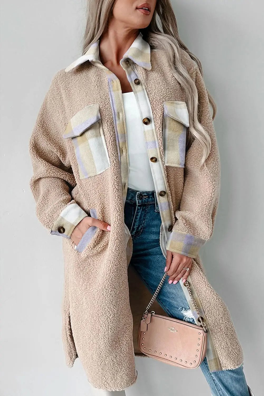 Chic smoke gray plaid sherpa coat - Love Salve 