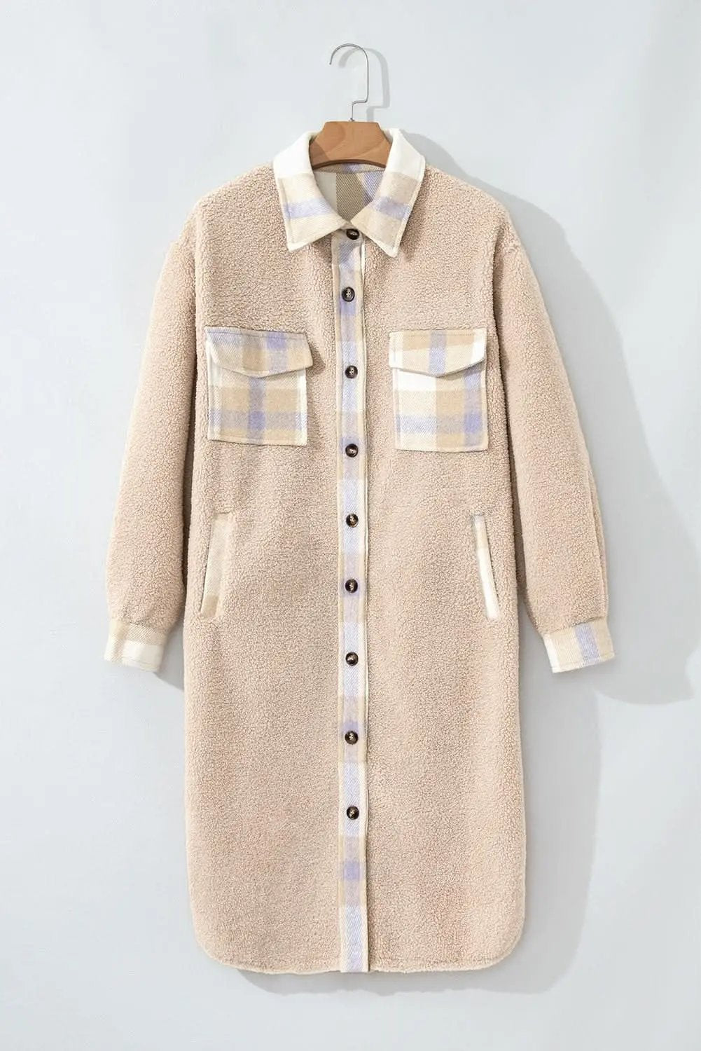 Chic smoke gray plaid sherpa coat - Love Salve 