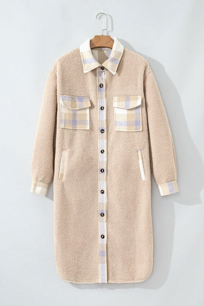 Chic smoke gray plaid sherpa coat - Love Salve 