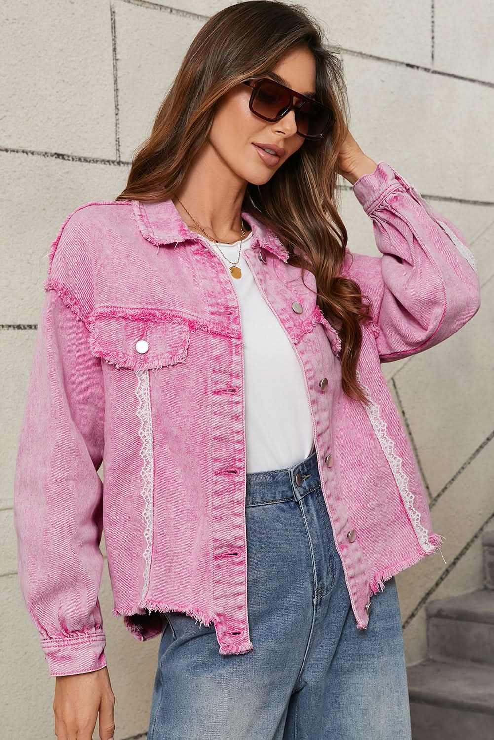 Chic pink lace denim jacket - Love Salve 
